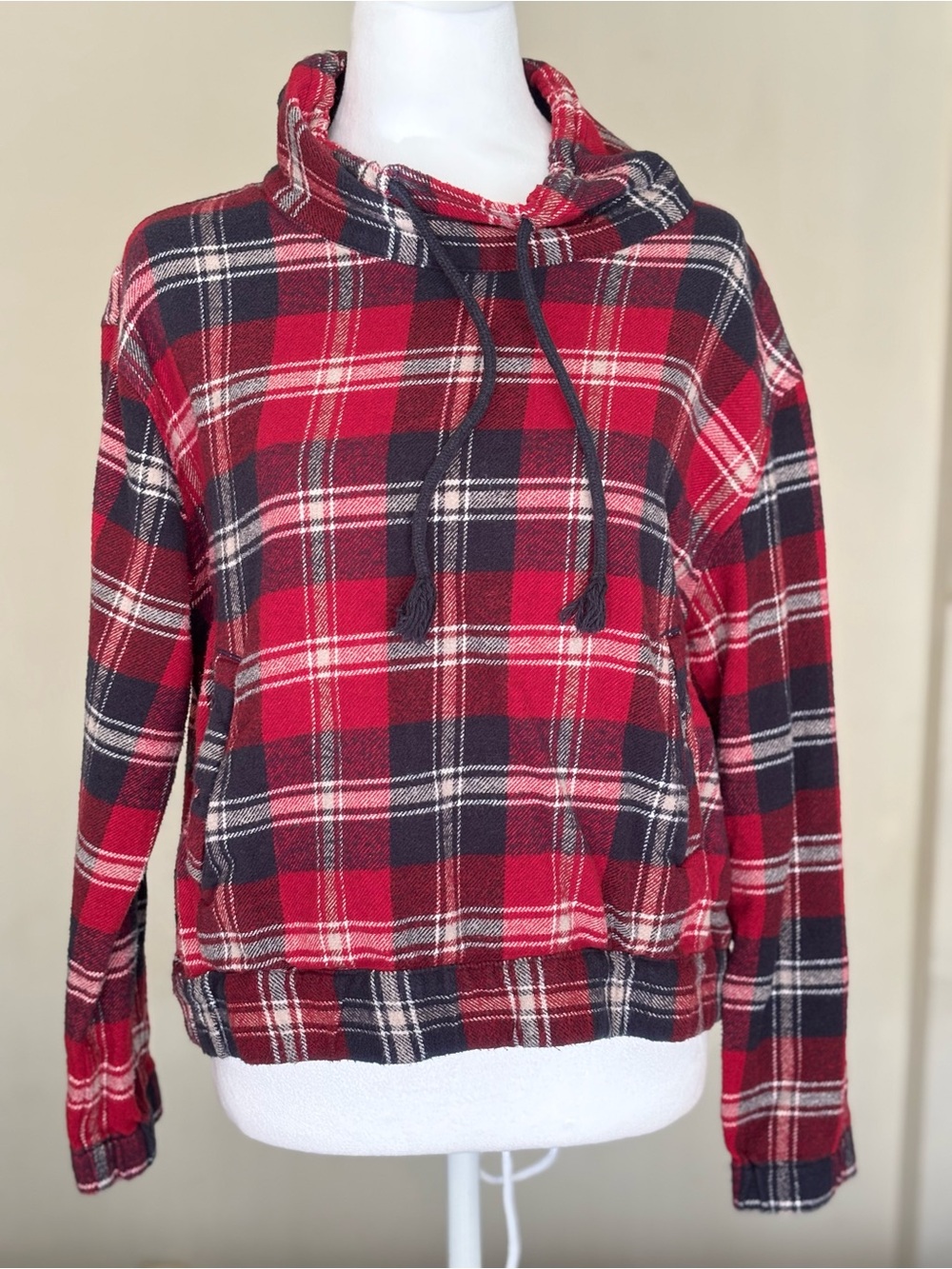 Forever 21 Red and Black Plaid Cowl Neck Crop Sweater